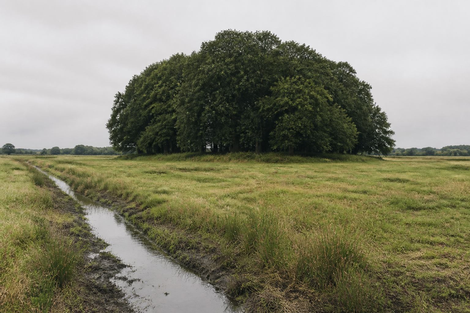 Dark oak woodland rising from pale floodplain meadows in Lower Saxony